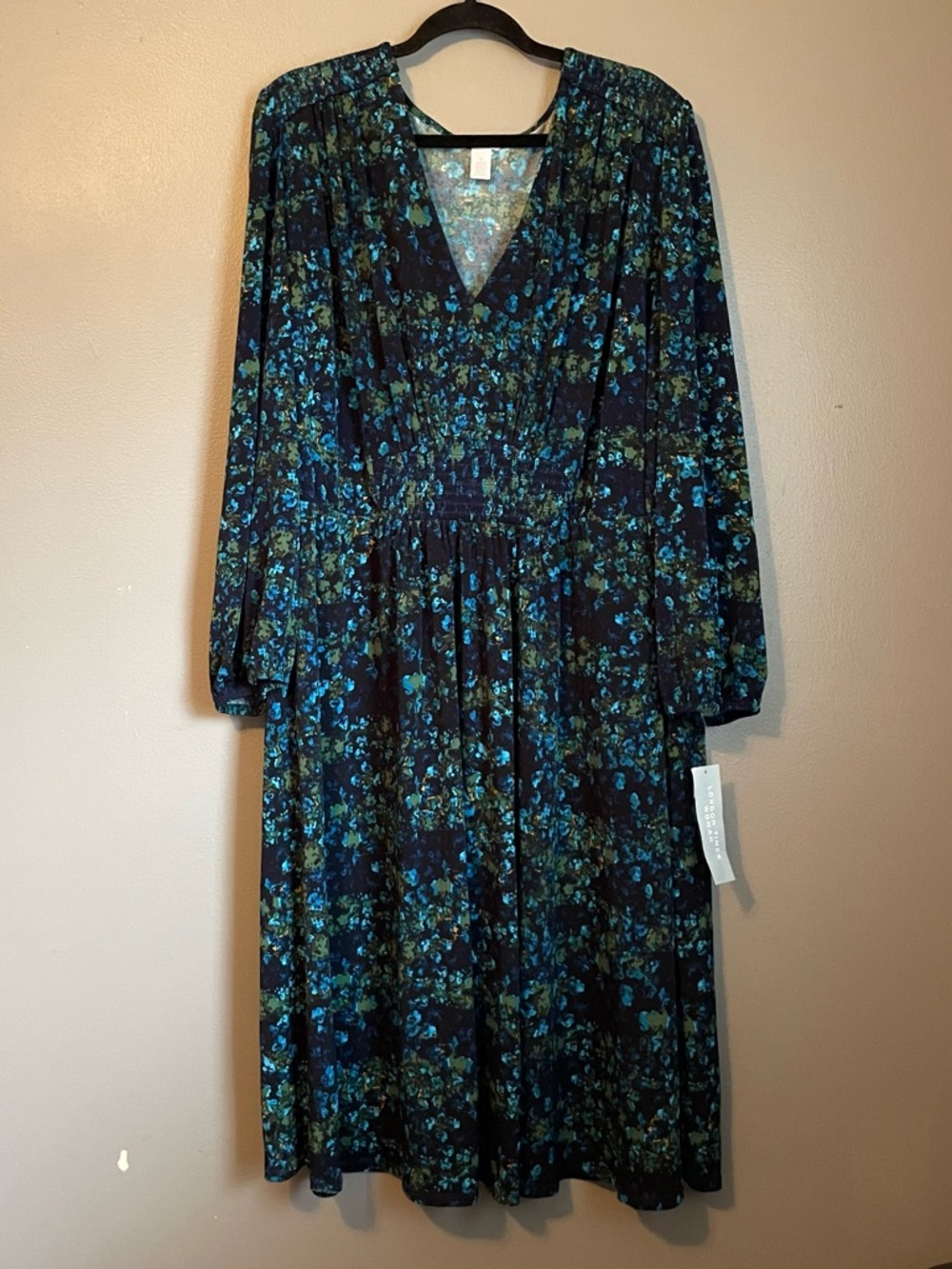 NWT London Times Sz 3X Womens Blue Green Floral Long Sleeve V-neck Dress Ret $89